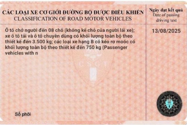 Mặt sau của GPLX hạng B mới
